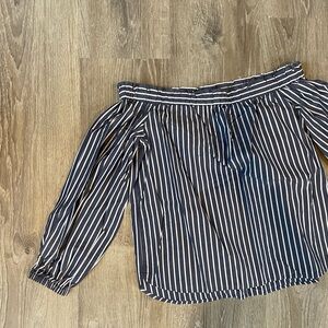 J. Crew White and Blue Off-the-Shoulder Puff Sleeve Blouse